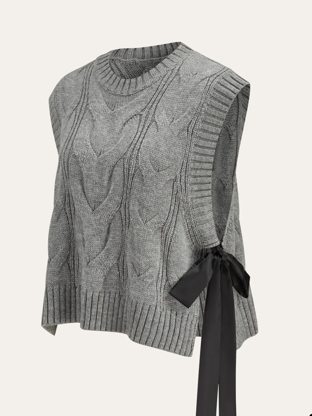 Commense Gray Cable Knit Sleeveless Sweater Vest with Black Ribbon Ties large